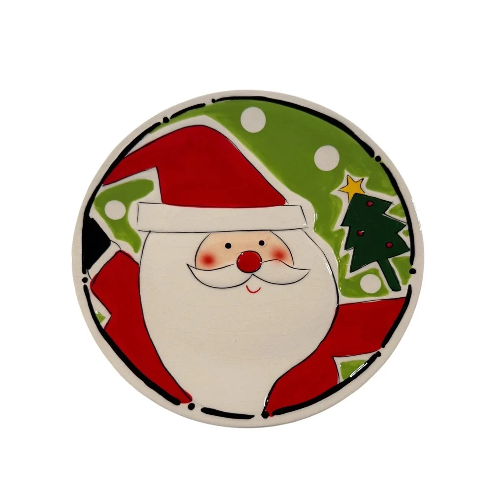 Sleigh Bell Bistro Christmas Plates Set of 2 Santa Snowman Ceramic 8 Inch